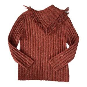 Vintage Chico’s Rust Speckled Knit Sweater Fringe Boho Western sz 3/XL Orange